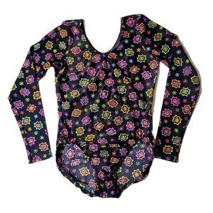 GK Elite AL Scoop Neck Leotard VTG Long Sleeve Adult L Neon Black Geometric NWT